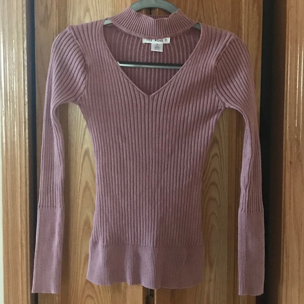 Ribbed long sleeve choker top in pale pink